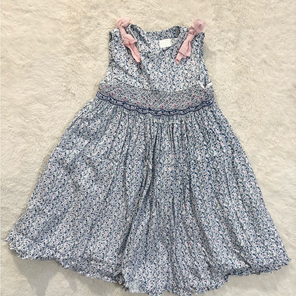Edgehill Collection Blue Floral Dress with Pink Bows
